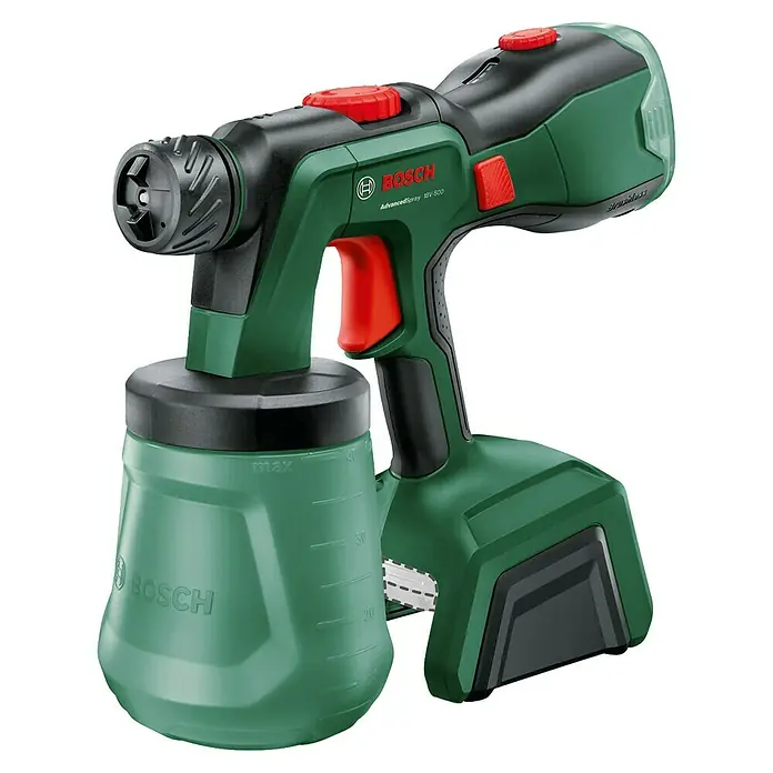 Bosch Power for All 18V Akku-Farbsprühsystem AdvancedSpray 18V-500 - 18 V, 1 Akku, 4 Ah, Max. Fördermenge: 0,5 l/min - Akku-Farbsprühsystem Bosch AdvancedSpray 18V-500: Präzise Farbaufträge für Projekte rund ums Haus und im Garten. Für müheloses Lackieren.