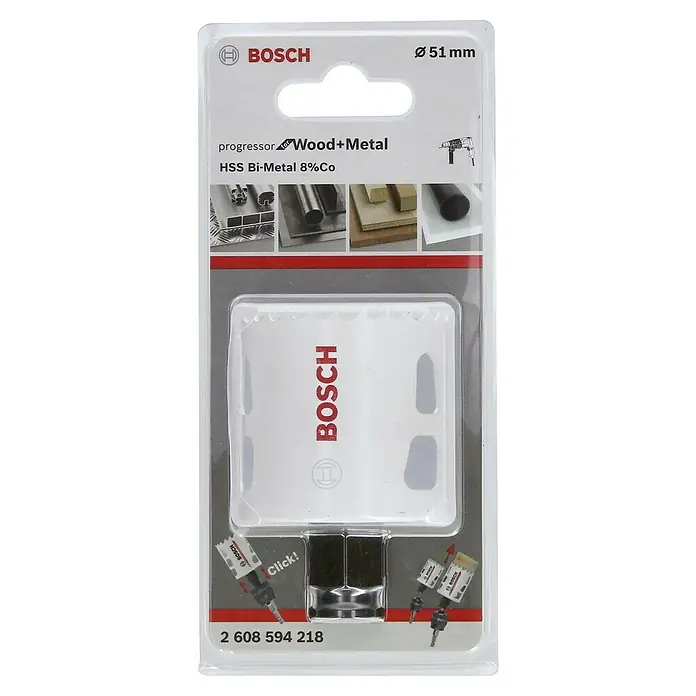 Bosch Professional Sierra de corona BiM - Diámetro: 51 mm, Acero - Imagen de una sierra de corona Bosch Progressor Wood+Metal HSS Bi-Metal 8%Co, Ø51 mm, aún en su embalaje original.