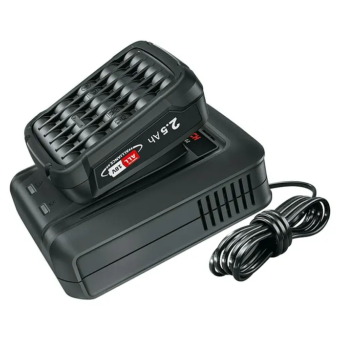 Bosch Power for All 18V Akku & Ladegerät Starter-Set - 1 x 18V/2,5 Akku, 1 x Ladegerät AL 18V-44 - Ein 18V Allianzakku mit 2,5 Ah Kapazität sitzt auf einem schwarzen Ladegerät mit gewickeltem Kabel.