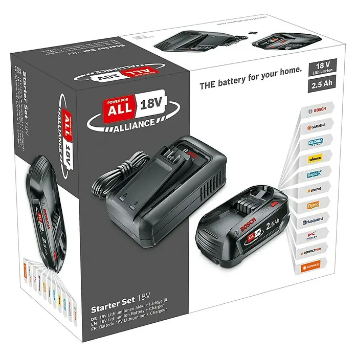 Bosch Power for All 18V Akku & Ladegerät Starter-Set - 1 x 18V/2,5 Akku, 1 x Ladegerät AL 18V-44 - Produktabbildung des Bosch 18V Lithium-Ionen-Akku-Startersets mit Ladegerät und 2.5Ah Akku.