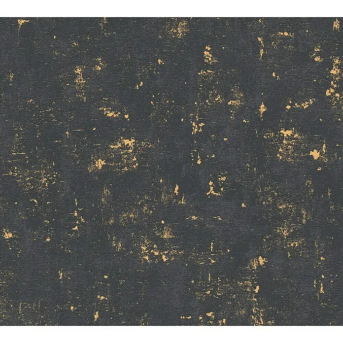 A.S. Création Trendwall Vliestapete - Schwarz/Gold, Betonoptik, 10,05 x 0,53 m - Eine Nahaufnahme einer strukturierten, dunkelgrauen Tapete mit goldenen Akzenten, die einen eleganten, abgenutzten Look verleiht.