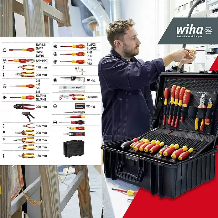 Wiha Werkzeugkoffer XL electric - L x B x H: 512 x 216 x 418 mm, 81 -tlg. - Wiha Werkzeugkoffer mit Schraubendrehern und Zangen, von einem Elektriker benutzt.