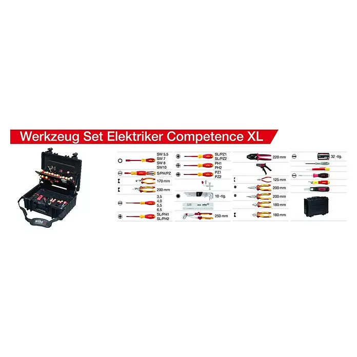 Wiha Werkzeugkoffer XL electric - L x B x H: 512 x 216 x 418 mm, 81 -tlg. - Schwarzer Wiha Werkzeugkoffer gefüllt mit verschiedenen rot-gelben Elektrikerwerkzeugen, darunter isolierte Schraubendreher und Zangen, professionell geordnet.