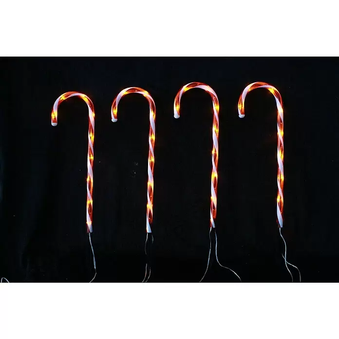 Tween Light LED-Gartenstecker Zuckerstangen - Innen, Lichtfarbe: Rot, Anzahl Leuchtmittel: 36 Stk., Batteriebetrieben - Vier beleuchtete Zuckerstangen-Weihnachtsdekorationen mit rot-weißen Streifen und warmen Lichtern.