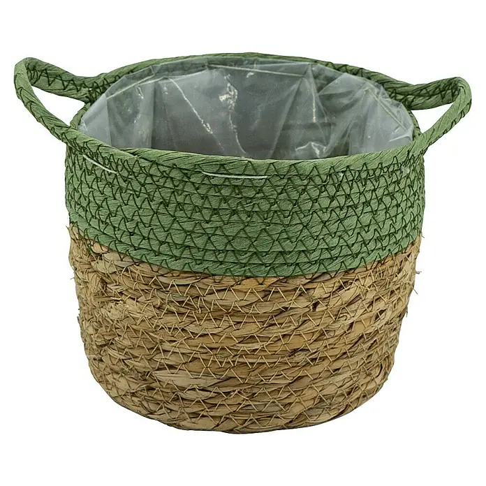Pflanzkorb - Ø x H: 17 x 15 cm, Naturmaterialien, Natur/Dunkelgrün - Dekorativer zweifarbiger Korb aus Bast mit grüner Oberseite und hellbrauner Unterseite und zwei Griffen. Mit Kunststoffeinsatz für Pflanzen.