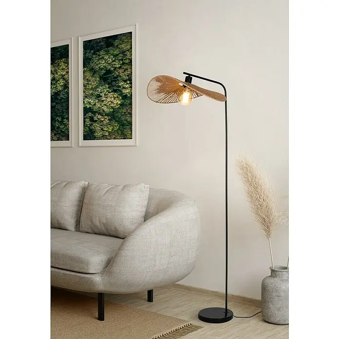 Eglo Siruela Lámpara de pie - 42 W, Altura: 160 cm, Marrón, E27 - Elegante lámpara de pie con pantalla en forma de sombrero de ratán natural, que emite una luz cálida y crea un ambiente acogedor.