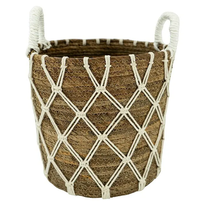 Korb - Ø x H: 31 x 31 cm, Natur/Beige - Brauner Korb mit weißer Netzstruktur und Griffen. Ideal für die Aufbewahrung oder als dekoratives Element im Wohnbereich.
