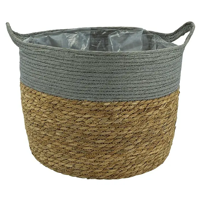 Pflanzkorb - Ø x H: 38 x 31 cm, Naturmaterialien, Natur/Hellgrau - Korb mit Griffen, grauer Oberseite und naturfarbener Unterseite. Praktisches und dekoratives Wohnaccessoire für Pflanzen oder zur Aufbewahrung.