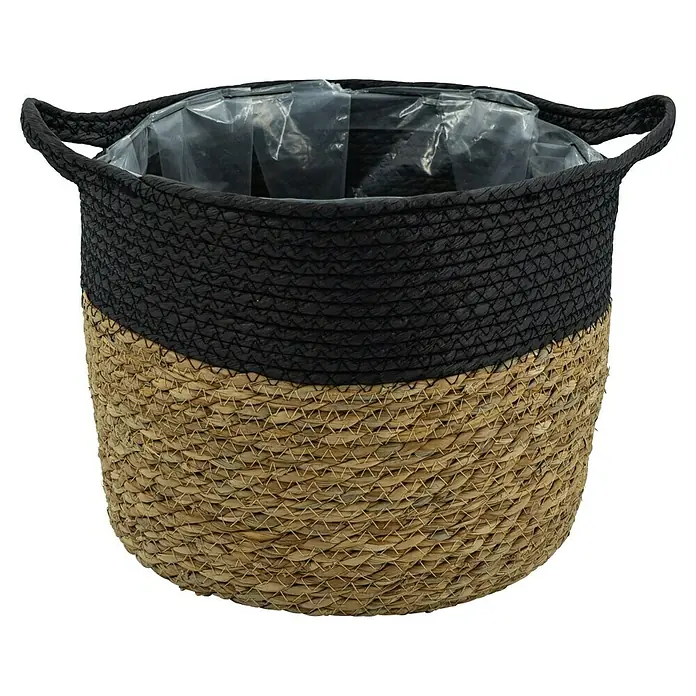 Pflanzkorb - Ø x H: 25 x 31 cm, Naturmaterialien, Natur/Schwarz - Dekorativer runder Pflanzkorb aus Seegras, zweifarbig, mit schwarzen Griffen und Plastikeinsatz für Zimmerpflanzen.