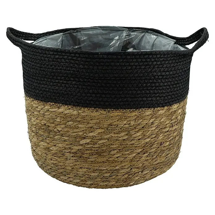 Pflanzkorb - Ø x H: 38 x 31 cm, Naturmaterialien, Natur/Schwarz - Ein zweifarbiger Korb mit schwarzen oberen und naturfarbenen unteren Bereichen, ideal zur Aufbewahrung oder als stilvoller Übertopf.