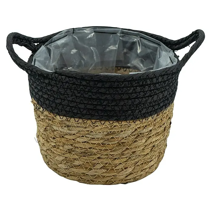 Pflanzkorb - Ø x H: 15 x 17 cm, Naturmaterialien, Natur/Schwarz - Zweifarbiger Korb mit Griffen und einer schützenden Kunststoffauskleidung, ideal für Pflanzen.