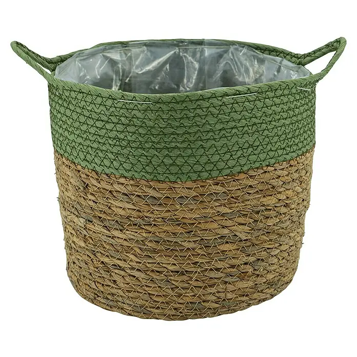 Pflanzkorb - Ø x H: 27 x 23 cm, Naturmaterialien, Natur/Dunkelgrün - Dekorativer, zweifarbiger Pflanzkorb aus Seegras mit grüner Oberseite und brauner Unterseite, ideal für Zimmerpflanzen.