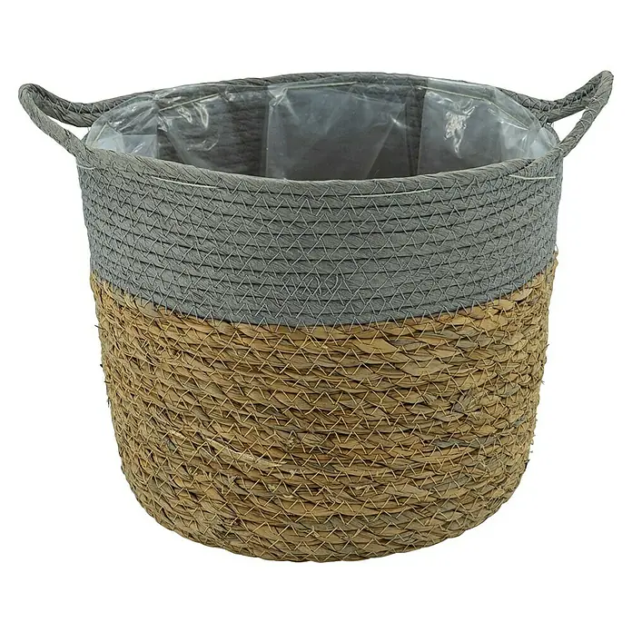 Pflanzkorb - Ø x H: 27 x 23 cm, Naturmaterialien, Natur/Hellgrau - Korb aus Seegras mit grauer Oberseite und zwei Henkeln. Im Korb befindet sich eine Plastikfolie zum Bepflanzen.
