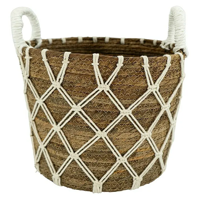 Korb - Ø x H: 22 x 20 cm, Natur/Beige - Dekorativer runder Korb aus natürlichem Material mit weißen Seildetails und Griffen, ideal für die Aufbewahrung und als stilvolles Dekorationselement.