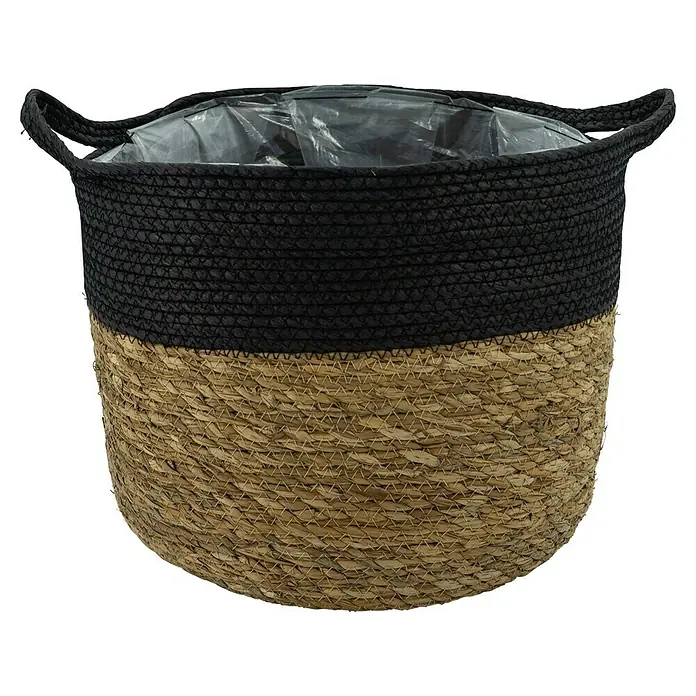 Pflanzkorb - Ø x H: 28 x 35 cm, Naturmaterialien, Natur/Schwarz - Elegante Pflanzschale, oben schwarz, unten naturfarben, mit Griffen und transparenter Innenauskleidung für stilvolle Zimmerpflanzen.