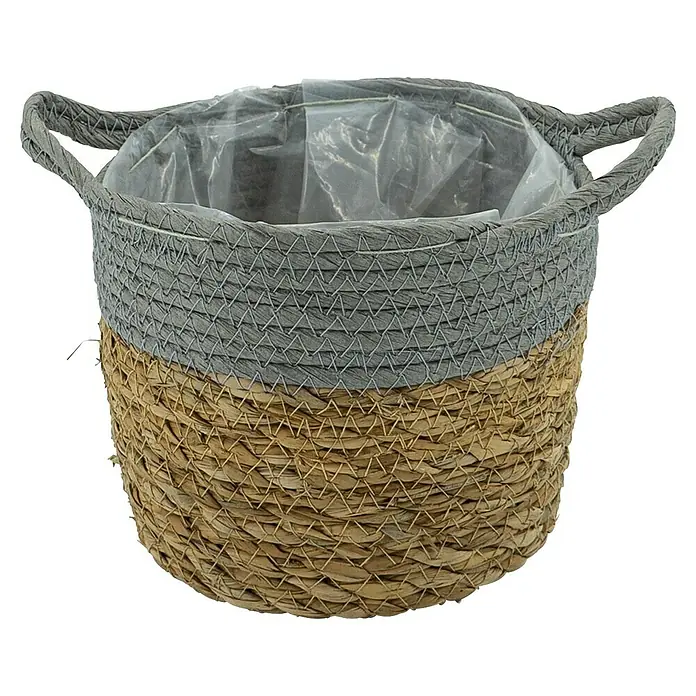 Pflanzkorb - Ø x H: 23 x 19 cm, Naturmaterialien, Natur/Hellgrau - Ein zweifarbiger Korb mit Griffen und einer Plastikauskleidung. Ideal als Übertopf oder zur Aufbewahrung.