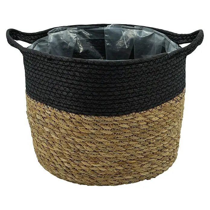 Pflanzkorb - Ø x H: 23 x 27 cm, Naturmaterialien, Natur/Schwarz - Dekorativer zweifarbiger Pflanzkorb aus Seegras und gefüttertem Kunststoff, ideal für Zimmerpflanzen und zur Verschönerung Ihres Zuhauses.