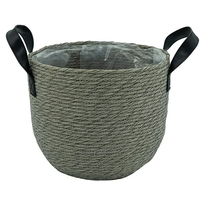 Pflanzkorb mit Henkel - Ø x H: 27 x 24 cm, Grau - Grauer Korb mit schwarzen Henkeln und Plastikinnenseite. Ideal zur Aufbewahrung oder als Pflanzgefäß.