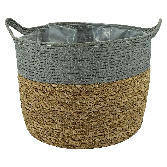 Pflanzkorb - Ø x H: 35 x 28 cm, Naturmaterialien, Natur/Hellgrau - Geflochtener Korb mit Griffen und zweifarbigem Design, ideal zur Aufbewahrung oder als Pflanzgefäß. Praktisch und dekorativ.