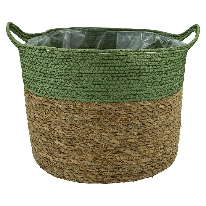 Pflanzkorb - Ø x H: 35 x 28 cm, Naturmaterialien, Natur/Dunkelgrün - Der zweifarbige Pflanzkorb aus Naturfasern mit grüner Oberseite und robusten Tragegriffen ist eine stilvolle Ergänzung für jedes Zuhause.