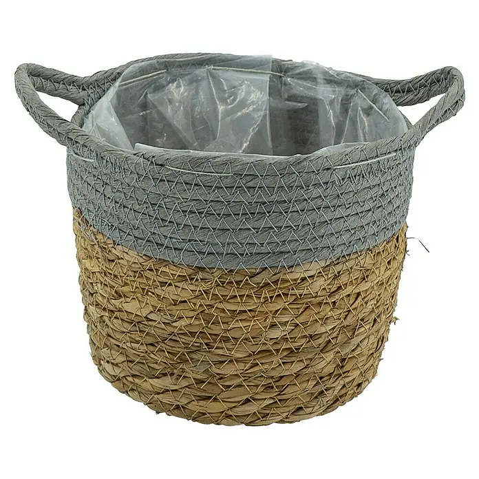 Pflanzkorb - Ø x H: 17 x 15 cm, Naturmaterialien, Natur/Hellgrau - Korb mit zwei Farben und zwei Henkeln. Der Korb hat eine Plastikfolie innen, um die Bepflanzung zu erleichtern.
