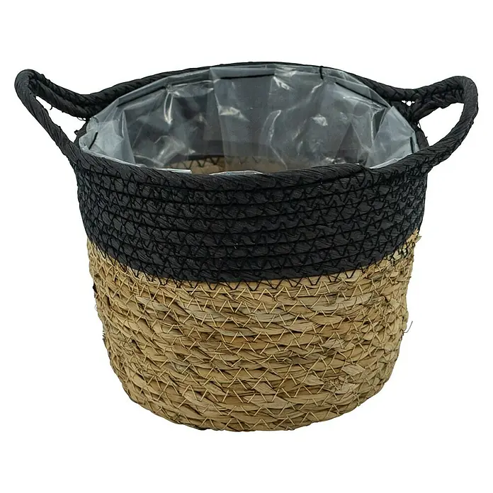 Pflanzkorb - Ø x H: 19 x 23 cm, Naturmaterialien, Natur/Schwarz - Ein zweifarbiger, runder Pflanzkorb mit schwarzen und braunen Naturfasern und zwei Henkeln. Der Korb ist mit einer Plastikfolie ausgelegt.