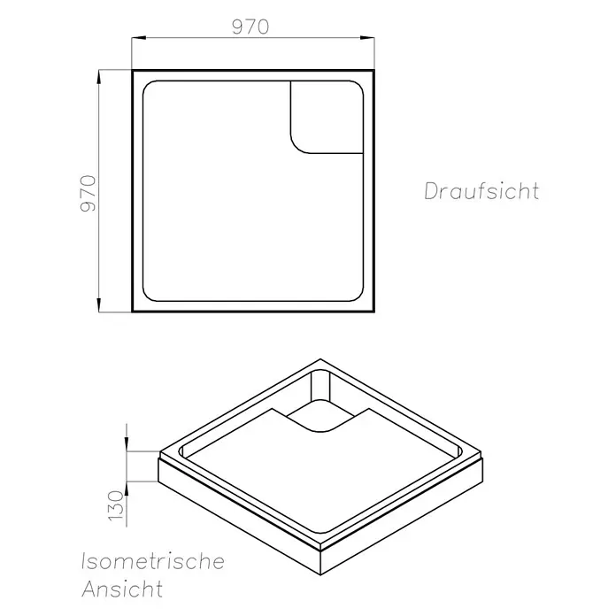 Ottofond Duschwannenträger Coco-Q - L x B: 97 x 97 cm, Expandiertes Polystyrol, Weiß - Abbildung einer Duschwanne mit den Maßen 970 x 970 mm und einer Höhe von 130 mm in Draufsicht und isometrischer Ansicht.