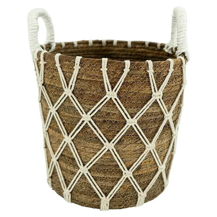 Korb - Ø x H: 28 x 28 cm, Natur/Beige - Ein handgefertigter Korb mit weißen Griffen und einem dekorativen Netzmuster, ideal zur Aufbewahrung und als stilvolles Wohnaccessoire.