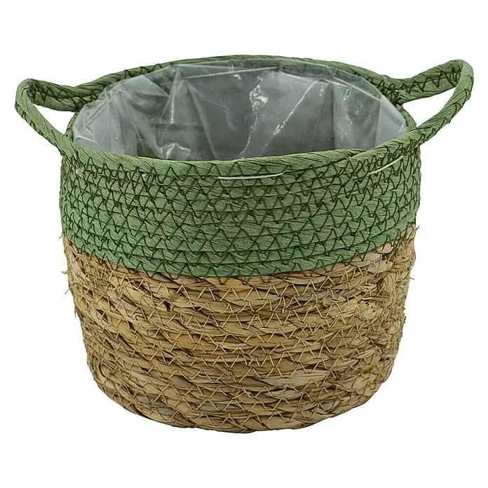 Pflanzkorb - Ø x H: 23 x 19 cm, Naturmaterialien, Natur/Dunkelgrün - Dieser dekorative Korb aus natürlichem Material mit grüner und brauner Farbkombination und praktischen Griffen ist perfekt für Pflanzen.