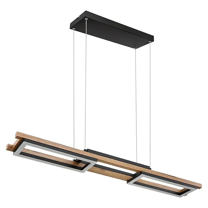 Globo LED-Pendelleuchte Illa - 30 W, L x B x H: 100 x 13,5 x 120 cm, Schwarz, Dunkelbraun - Moderne LED-Hängeleuchte mit Holz- und Metallelementen. Das Design ist rechteckig und hängt an dünnen Stahlseilen von der Decke.