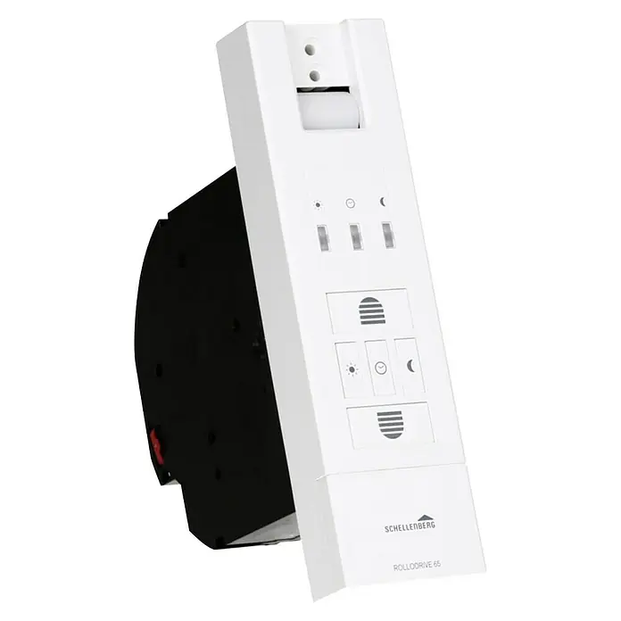 Schellenberg Recogedor de cinta de persiana inhalámbrico Rollodrive 65 Premium - Fuerza de tracción: 45 kg, Anchura de la correa: 23 mm, Empotrado - Enrollador de cinta electrónico Schellenberg RolloDrive 65 en blanco. Permite el control automatizado de persianas enrollables con funciones de temporizador.