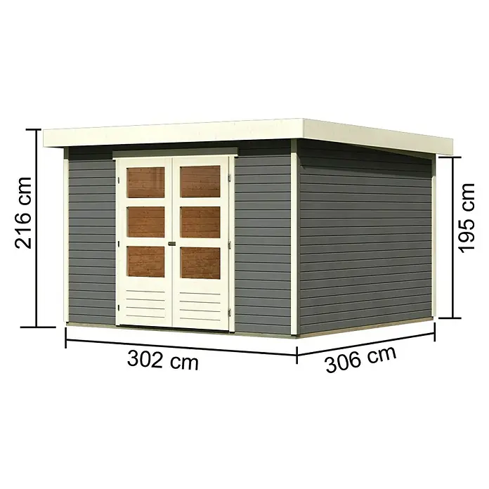 Karibu Gartenhaus Askola 6 - Außenmaß inkl. Dachüberstand (B x T): 334 x 331 cm, Holz, Terragrau, Mit Seitendach - Abbildung eines Gartenhauses mit den Maßen 302 cm x 306 cm und einer Höhe von 216 cm bzw. 195 cm.
