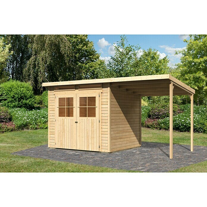 Karibu Gartenhaus GlücksburgB x T: 439 x 236 cm, Natur, Holz, 5,07 m², Mit Anbau Front View