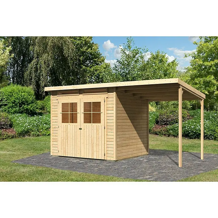 Karibu Gartenhaus Glücksburg - Außenmaß inkl. Dachüberstand (B x T): 439 x 236 cm, Holz, Natur, Grundfläche: 5,07 m² - Ein helles Holzgartenhaus mit Doppeltür und einem überdachten Bereich. Ideal für Gartenutensilien und als Unterstand.