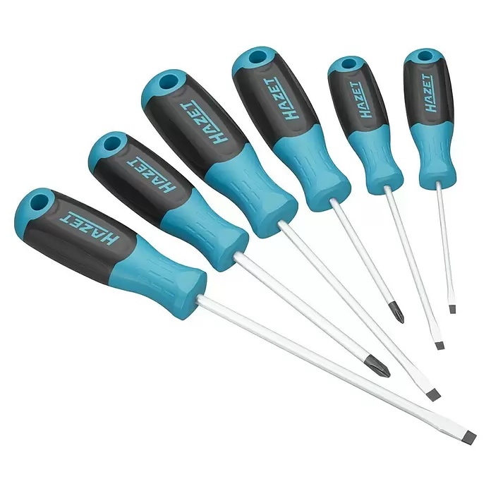Hazet Schraubendreher-Set - 6 -tlg. - Sechs HAZET Schraubendreher mit ergonomischen schwarz-blauen Griffen, mit verschiedenen Kreuz- und Schlitzspitzen.