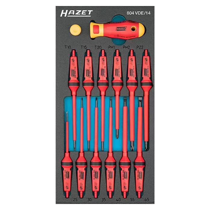 Hazet Schraubendreher-Set VDE - 14 -tlg., Stahl - HAZET 804 VDE/14 isolierter Schraubendrehersatz (14-tlg.) für 1000V Elektrikarbeiten, mit Torx-, Phillips-, Pozidriv- und Schlitzspitzen.