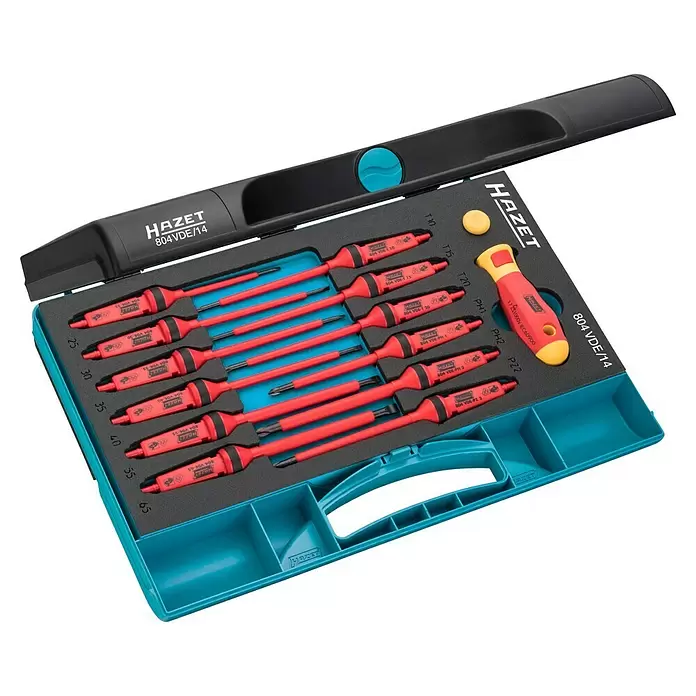 Hazet Schraubendreher-Set VDE - 14 -tlg., Stahl - Hazet 804 VDE/14 Isolierschraubendreher-Satz in blau-schwarzem Koffer, mit roten Griffen und Spannungsprüfer.