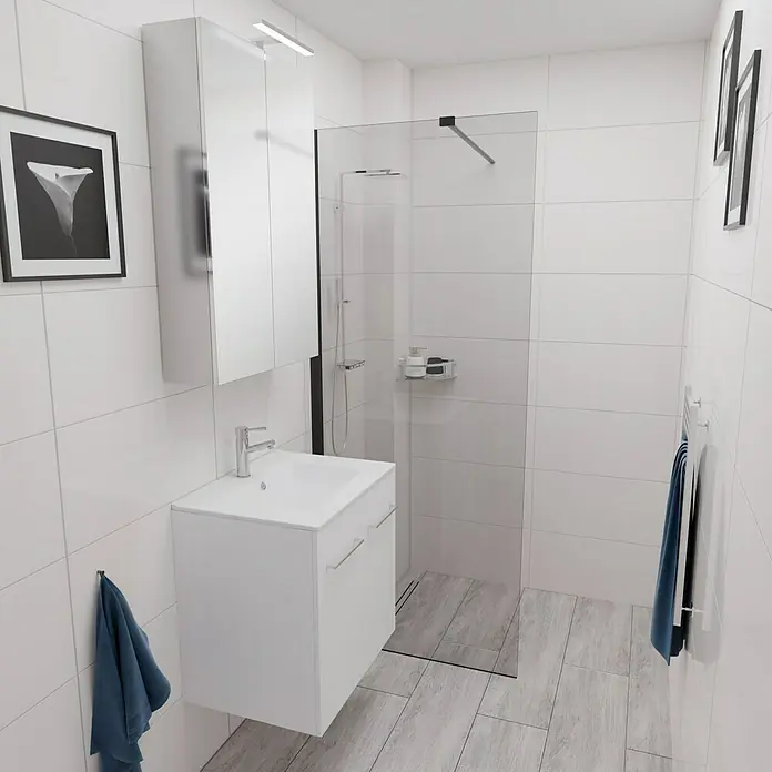 Camargue Espacio Badmöbel-Set E61 - 60 cm, Mira - Helles Badezimmer mit weißem Waschtisch, Spiegelschrank und einer modernen Duschkabine. Die perfekte Ausstattung für ein stilvolles Bad.