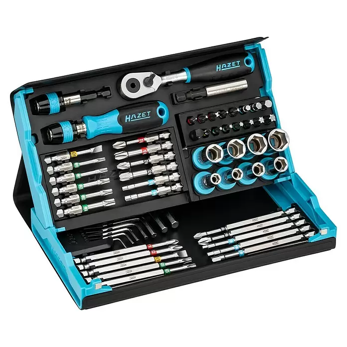 Hazet Steckschlüssel-Set Smartcase - 59 -tlg. - HAZET Werkzeugsatz in einer blau-schwarzen Box mit Ratsche, Schraubendrehergriff, Bits und Steckschlüsseln.