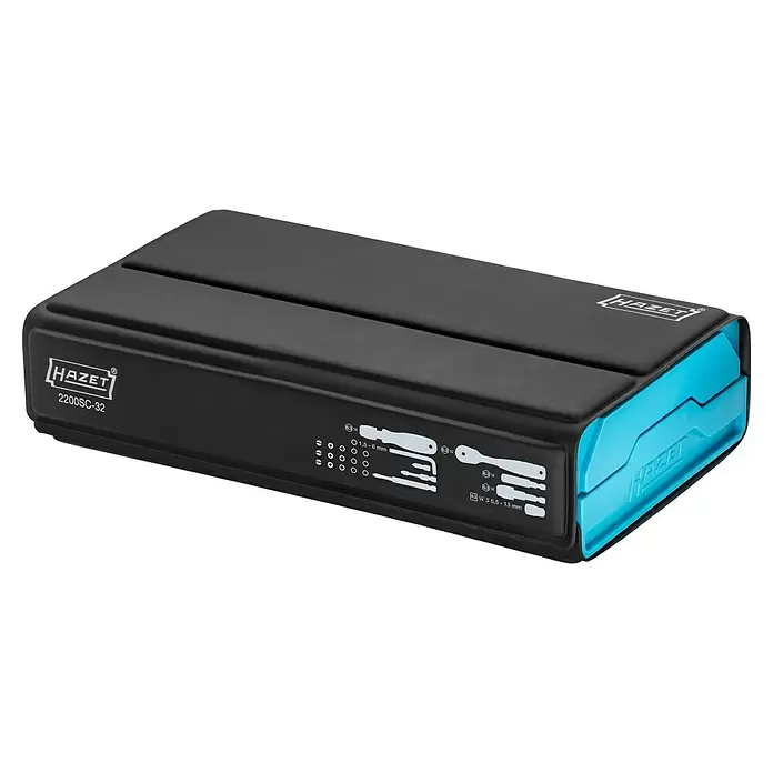 Hazet Steckschlüssel-Set Smartcase - 59 -tlg. - Schwarzes HAZET 2200SC-32 Schraubendreher-Bitset in kompakter Hülle mit blauen Akzenten und Werkzeugsymbolen.