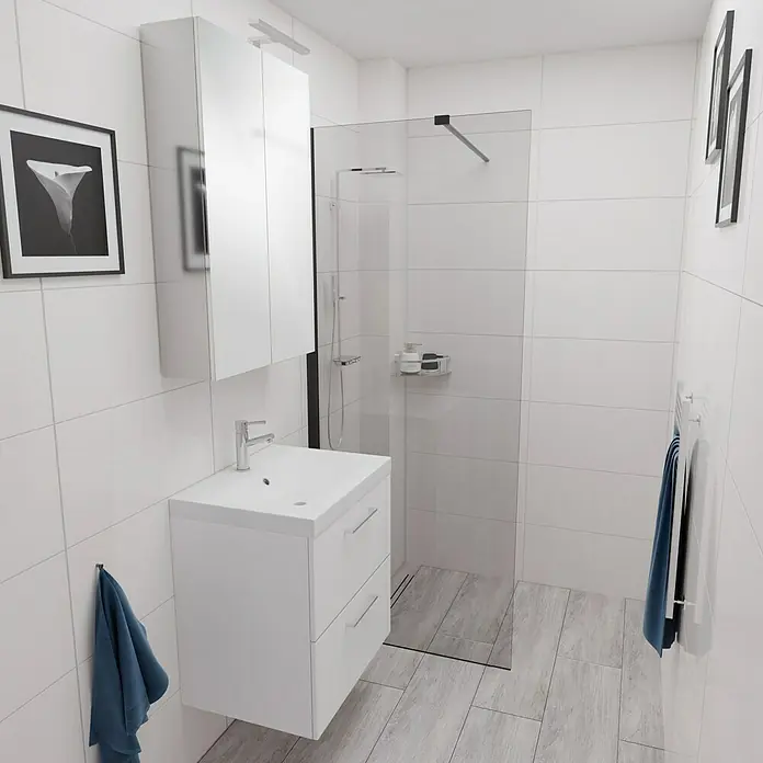 Camargue Espacio Badmöbel-Set E30 - 60 cm, Mira - Modernes Badezimmer mit weißem Waschtischunterschrank, Spiegelschrank und begehbarer Dusche, die ein helles und minimalistisches Ambiente schaffen.