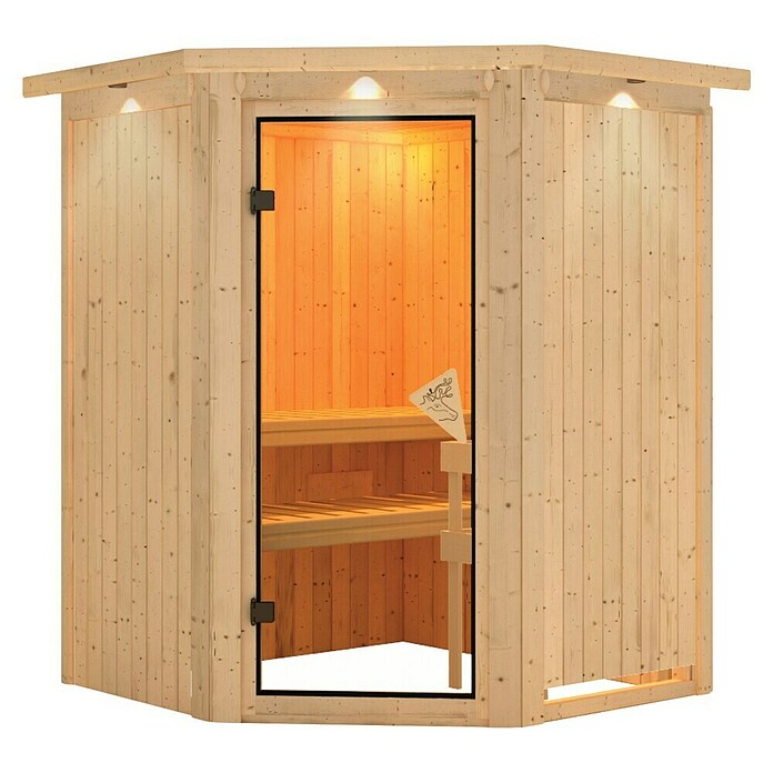Karibu Systemsauna (Ohne Ofen, Mit Dachkranz und Beleuchtung, 151 x 151 x 198 cm)
