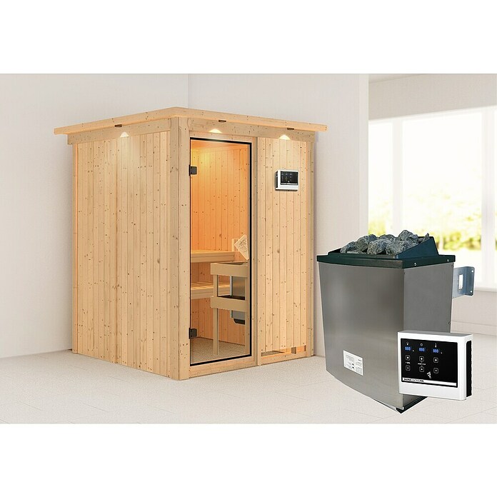 Karibu Systemsauna Norin (Mit Saunaofen 9 kW inkl. Steuerung Easy, Mit Dachkranz und Beleuchtung, Ganzglas Bronze, 151 x 151 x 198 cm)