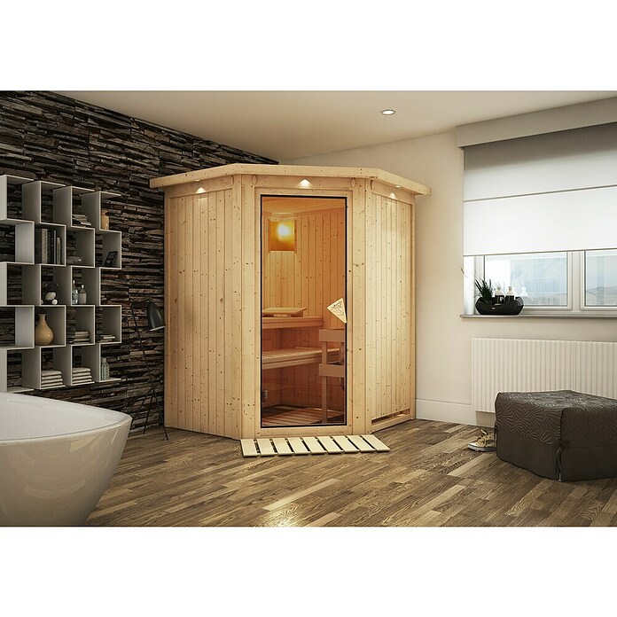 Karibu Systemsauna Larin (Ohne Ofen, Mit Dachkranz und Beleuchtung, 151 x 151 x 198 cm)