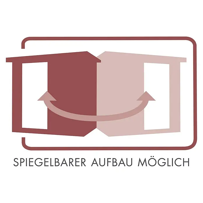 Karibu Elementsauna Siirin - Mit 9 kW Ofen mit integrierter Steuerung, Ohne Dachkranz, Materialspezifizierung Tür: Ganzglas Bronze, L x B x H: 196 x 170 x 192 cm - Symbol für spiegelbildlichen Aufbau. Der Aufbau des Produktes ist spiegelbildlich möglich und bietet somit flexible Gestaltungsmöglichkeiten.