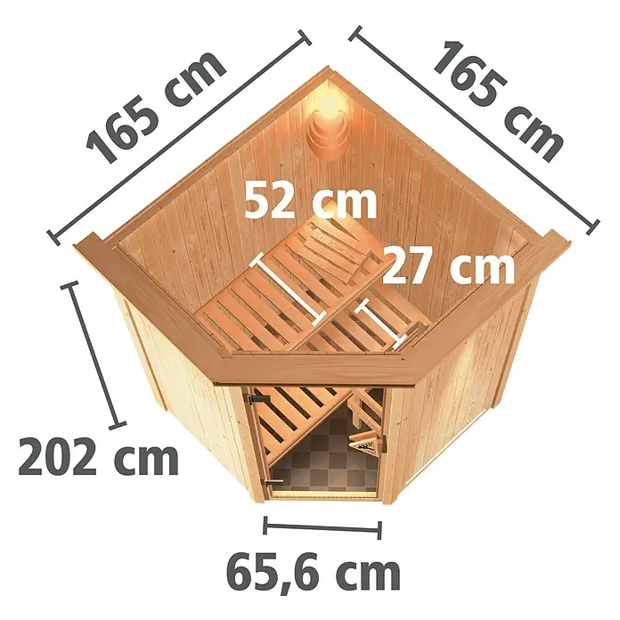 Karibu Elementsauna Larin - Ohne Ofen, Mit Dachkranz und Beleuchtung, L x B x H: 165 x 165 x 192 cm - Die Abmessungen einer Ecksauna sind übersichtlich dargestellt, inklusive Höhe, Breite und Tiefe.