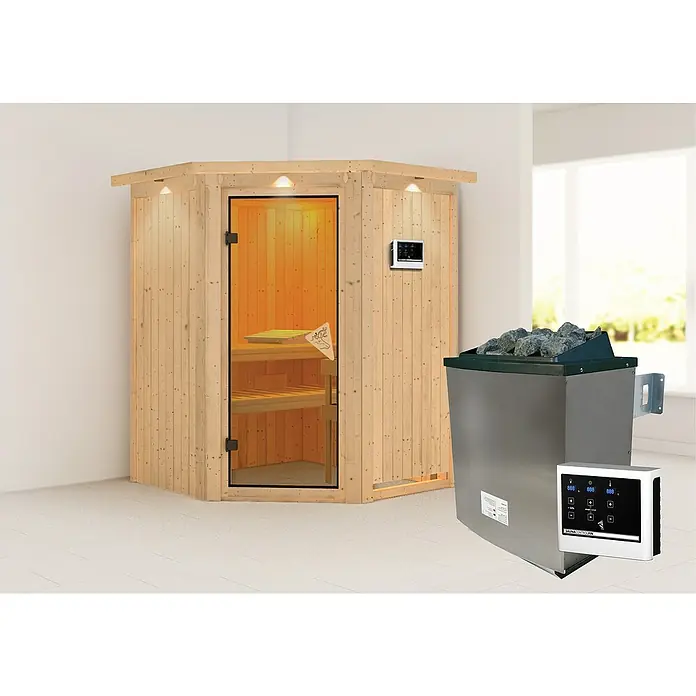 Karibu Elementsauna Larin - Mit 9 kW Ofen mit externer Steuerung, Mit Dachkranz und Beleuchtung, L x B x H: 165 x 165 x 192 cm - Eine Saunakabine mit Steuerung und Ofen. Die Kabine ist aus Holz gefertigt, der Ofen ist mit Steinen gefüllt und hat eine Steuerung.