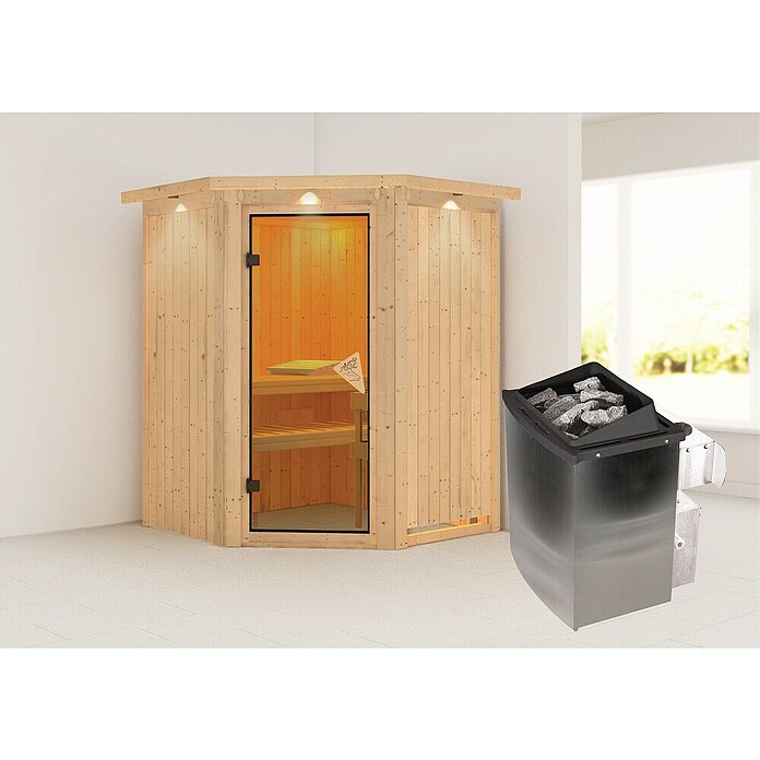 Karibu Systemsauna Larin (Mit 9 kW Saunaofen mit integrierter Steuerung, Mit Dachkranz und Beleuchtung, 151 x 151 x 198 cm)