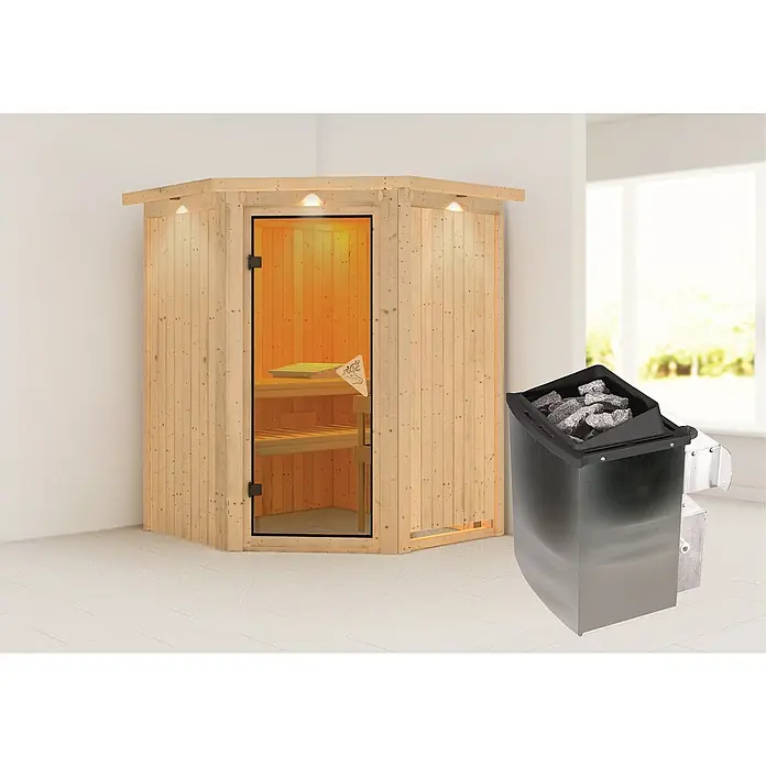 Karibu Elementsauna Larin - Mit 9 kW Ofen mit integrierter Steuerung, Mit Dachkranz und Beleuchtung, L x B x H: 165 x 165 x 192 cm - Abbildung einer Sauna mit Heizung und Bänken, die ein entspannendes und gesundes Wellness-Erlebnis bietet.\n