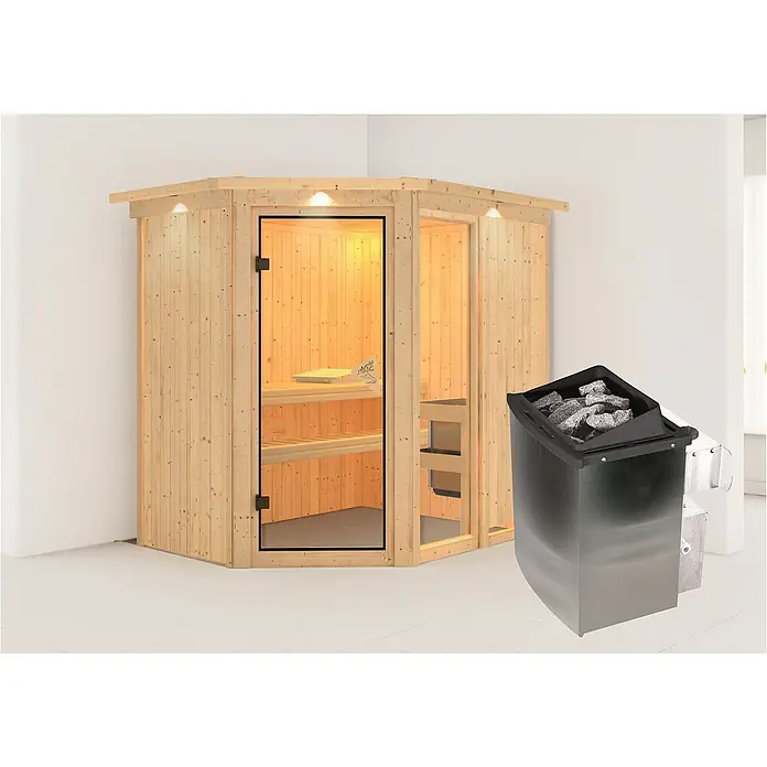 Karibu Elementsauna Fiona - Mit 9 kW Ofen mit integrierter Steuerung, Mit Dachkranz und Beleuchtung, L x B x H: 210 x 165 x 192 cm - Holzsauna mit Glastür und Saunaofen mit Steinen für ein entspannendes Saunaerlebnis. Die perfekte Ergänzung für Ihr Zuhause.